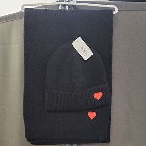 Black Knit Beanie and Scarf Set with Red Heart Accent